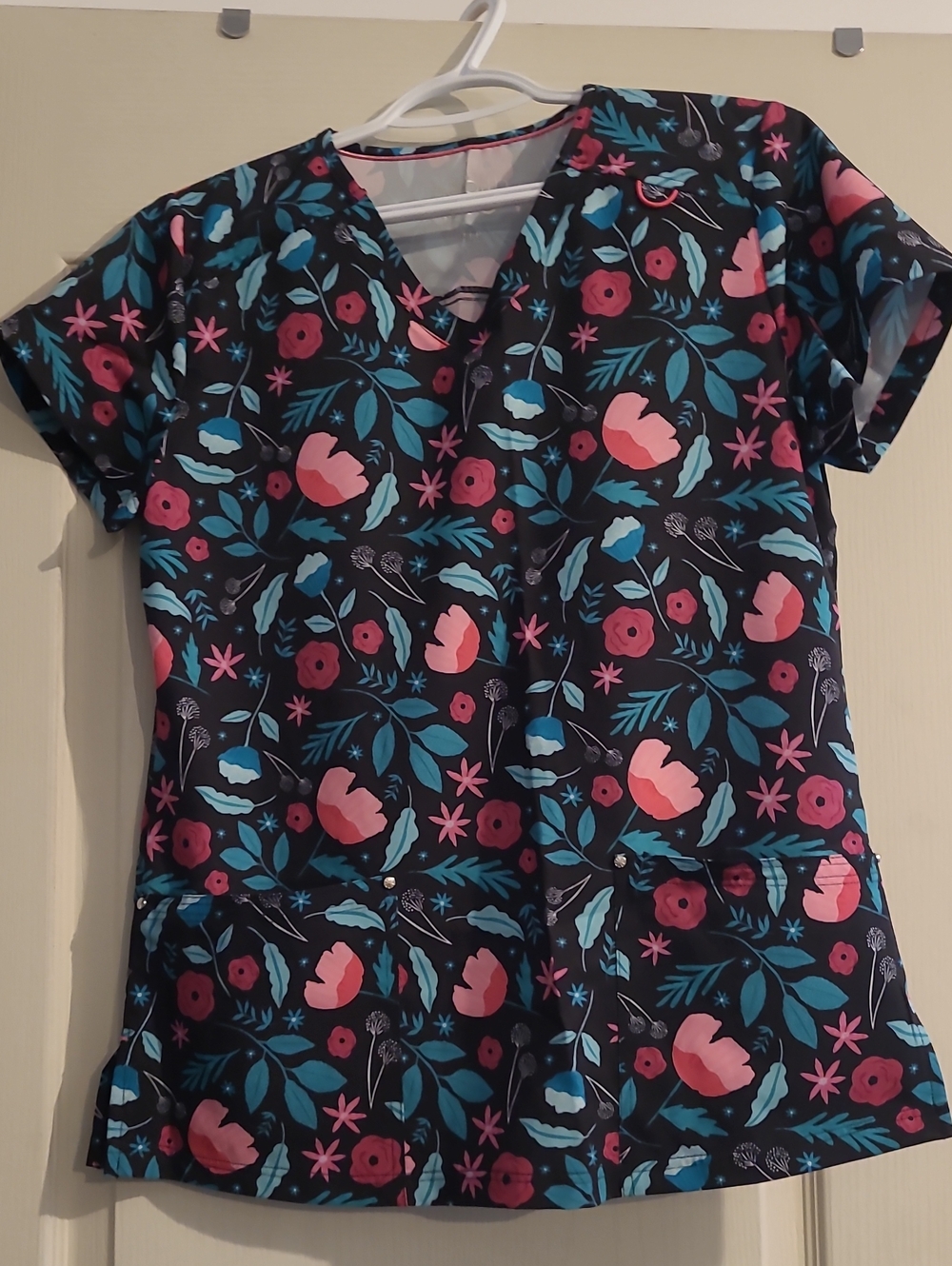 Floral V-Neck Tunic Top - Black with Pink & Teal Floral Print